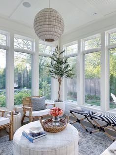 a living room with large windows and furniture