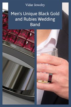 a man's unique black gold and rubies wedding band is featured in this ad