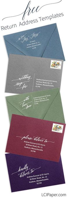 three different colored envelopes with the same address card on top and bottom, one in blue