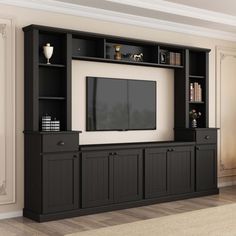 a living room with a large entertainment center