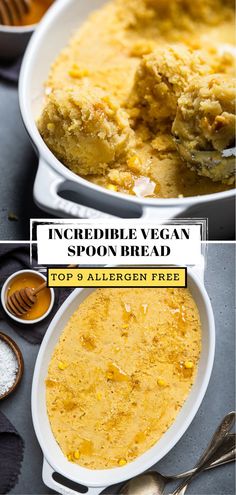 the ingredients to make an incredible vegan spoon bread are shown in bowls and on plates