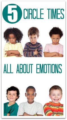 five children with their arms crossed and the words 5 circle times all about emotions on them