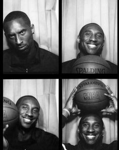 four black and white photos of men holding basketballs in their hands, smiling at the camera