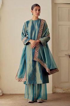 Shop for Mimamsaa Blue Zaaya Tissue Silk Kurta Pant Set for Women Online at Aza Fashions Tissue Kurta Designs Women, Tissue Suits Design Indian, Tissue Silk Suit Design, Tissue Fabric Suit Design, Tissue Cloth Dresses, Tissue Suits Design Pakistani, Tissue Dupatta Designs, Tissue Silk Suit, Tissue Fabric Dress Design