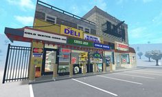 an animated image of a deli in the middle of a parking lot with snow falling on the ground