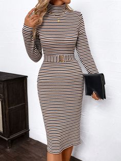 Women's Geometric Print Turtleneck Elegant Long Sleeve Midi Dress Work Dress Winter Clothes Brown Casual  Long Sleeve Knitted Fabric Striped Bodycon Medium Stretch  Women Clothing, size features are:Bust: ,Length: ,Sleeve Length: Clothes Brown, Midi Dress Work, Dress Work, Dress Winter, Work Dress, Sleeve Midi Dress, Long Sleeve Midi, Winter Clothes, Long Sleeve Midi Dress