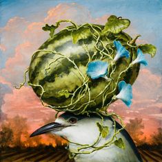 a painting of a bird wearing a watermelon head