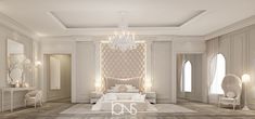 an elegant bedroom with white furniture and chandelier