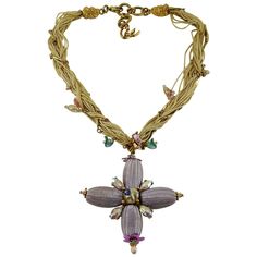 CHRISTIAN LACROIX vintage pendant necklace featuring a beautiful cross made of olive shaped woven silk branches embellished with faux pearl and multicolored crystals. Off white silk cord rope interweaved with gold tone chain and charms. Lobster clasp closure with extension chain. Hanging CL monogram tag. Indicative measurements : total max. length approx. 41 cm (16.14 inches) / adjustable length from approx. 39 cm (15.35 inches) to approx. 41 cm (16.14 inches) / cross approx. 6.2 cm x 6.2 cm (2. Christian Lacroix Jewelry, Jean Louis Scherrer, Vintage Pendant Necklace, Purple Fits, Beautiful Cross, Couture Jewelry, Vintage Pendant, Christian Lacroix, Vintage Jewels