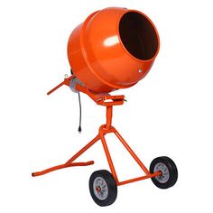 an orange cement mixer sitting on top of a metal stand with wheels and nozzles