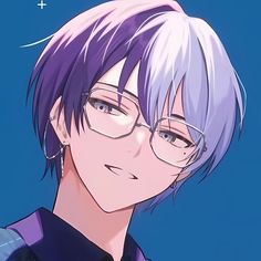 a man with purple hair and glasses is looking at the camera