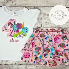 "This is a matching birthday outfit that is perfect to celebrate your little one's big day! The shirt had puffed sleeves and is embroidered. The skirt has 3 ruffles and even has shorts in it, making it a \"skort\"! This outfit is practical and high quality and will ensure that your little one gets a lot of compliments. You can choose if you only want the shirt, only want the skirt, or you want both.  I can also change up the embroidery colors to suit your needs! Be sure to include exactly what you want in the personalization tab. Get the matching headband or hair bow here: https://www.etsy.com/listing/1172365564/two-sweet-hair-accessories-sweet-one?click_key=60f20950cf9f4dc4146847ebbb4f6a39f80a53be%3A1172365564&click_sum=72c246b3& Sizes: 12m, 18m, 2 years, 3 years, 4 years, 5 years, 6 year Pink Short Sleeve Birthday Set, Cute Short Sleeve Sets For Birthday, Lol 4th Birthday Shirt, Matching Shirt And Shorts, Four Ever Sweet Birthday Shirt, Four Birthday Shirt, I Scream Four Ice Cream Shirt, Four Ever Sweet, Encanto 4th Birthday Shirt