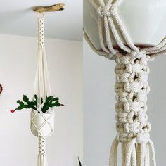 there is a white macrame hanging from the ceiling and a potted plant