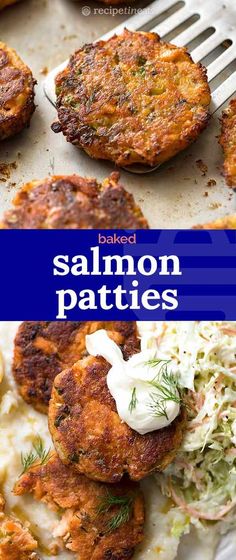 baked salmon patties with coleslaw and dill slaw on the side