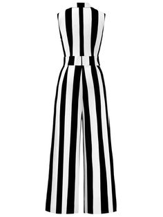 [Pre-Sale] 1930s V-Neck Black & White Vertical Stripes Jumpsuit | Retro Stage Pumpkin Face Designs, 1950s Halloween, Retro Stage, Striped Jumpsuit, Pumpkin Faces, Face Design, Color Therapy, Vertical Stripes, Vintage Inspired