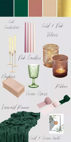 graphic with emerald green, gold and pink wedding decor ideas Sage Green And Pink Mood Board, Green Gold And Pink Bedroom, Emerald And Pink Color Palette, Spring Emerald Wedding, Wedding Color Schemes Green And Pink, Emerald And Blush Pink Wedding, Emerald And Light Pink Wedding, Pink And Green Engagement Party