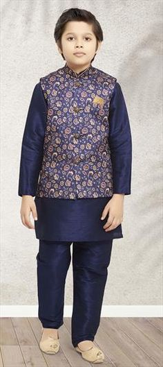 Blue color Boys Kurta Pyjama with Jacket in Art Silk fabric with Weaving work : 1842930 Traditional Blue Sets For Winter, Blue Long Sleeve Kurta For Winter, Traditional Blue Winter Sets, Blue Long Sleeve Winter Kurta, Blue Festive Winter Kurta, Blue Winter Festive Kurta, Festive Blue Long Sleeve Outerwear, Blue Nehru Jacket With Long Sleeves For Winter, Blue Long Sleeve Nehru Jacket For Winter