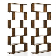 two bookshelves made out of wood and metal