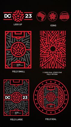 four different types of red and black designs on a black background with the words field large