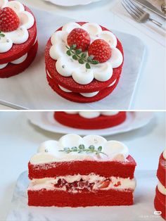 red velvet cake with white frosting and strawberries on top