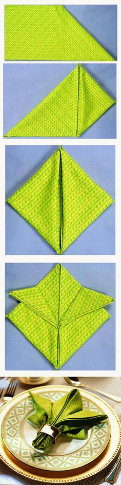 the instructions for how to fold an origami flower on a plate with green leaves