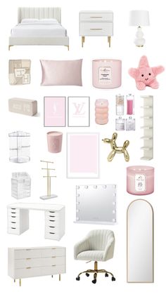 a collage of pink and white furniture, including a bed, dresser, mirror, desk