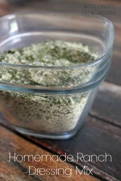 homemade ranch dressing mix in a glass bowl on a wooden table with text overlay