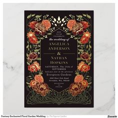 an ornate wedding card with flowers and leaves on black, red and gold foiled paper