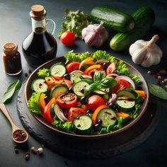 a salad with cucumbers, tomatoes and onions in a bowl on a table