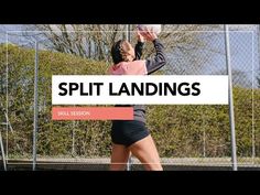 a woman holding a tennis racquet on top of a tennis court with the words split landings