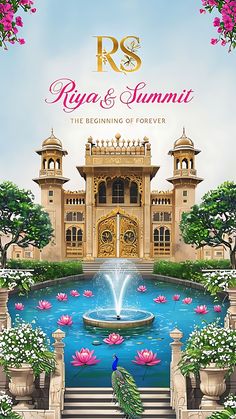 the front cover of rss riya's summit, featuring a fountain and flowers