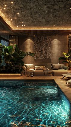 an indoor swimming pool surrounded by greenery and lights in a home setting with couches