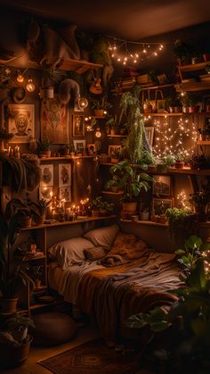 a room filled with lots of plants and hanging lights on the wall next to a bed