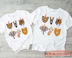 two t - shirts with animals and zebras on them, one has a birthday hat