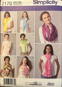 From the Private Pattern Stash of the Manifestations of Marcia: Simplicity Patterns/Scarves/Pattern #2170 Scarves -silks and silk types, charmeuse, crepe de chine, laundered silks-rayons, crinkled gauze, chiffon, georgette, voile, sand washed silk Scarf Sewing Pattern, Sewing Scarves, Costume Sewing Patterns, Simplicity Sewing, Patterned Scarves, Simplicity Sewing Patterns, Simplicity Patterns, Sewing Pattern Design, Scarf Pattern