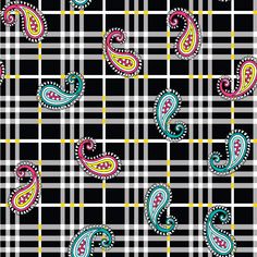 a black and white checkered pattern with colorful paisleys