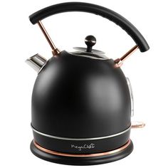 a black tea kettle with two copper handles