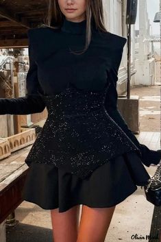 Oliviamark - Peplum Skater Dress in a Sparkling, Rhinestone-Embellished Style Round Collar Dress, Black Collared Dress, Black Mock Neck, Sleeveless Skirt, Sequin Sleeve, Corset Mini Dress, Mini Dresses For Women, Dress Crafts, Looks Chic