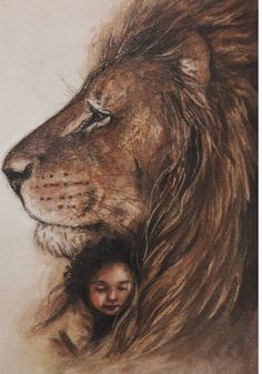 a drawing of a woman and a lion