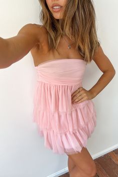 Birthday energy | Birthday Girl Pink Mini Party Dress Pink Ruffle Mini Dress, Pink Strapless Mini Dress, White Strappy Heels, School Dance Dresses, Cute Homecoming Dresses, Mini Party Dress, Fancy Tops, Elegant Attire, Prom Dress Inspiration