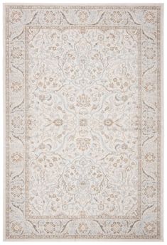 a rug with an ornate design on the bottom and sides in beige, white and blue colors