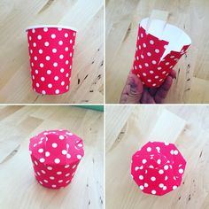 four images show how to make a paper cupcake liner with polka dots on it