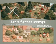 an image of a cartoon scene with trees and animals in the background that says, don't forget stumps