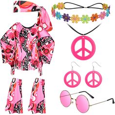 PRICES MAY VARY. Adequate to Meet Your Needs: the hippie outfits for women includes 1 hippie shawl, 1 hippie headband, 1 pair of hippie leg covers, 1 pair of glasses, 1 flower hairband, 1 pink peace sign necklace and 1 pair of earrings; These hippie accessories will bring you attractive charm, show retro hippie elements, and make you the focus of the theme party Quality Material: the shawl, hippie headband, and leg covers are made of polyester, and the tassel design is beautiful and fashionable, Easy Decades Day Outfits, Disco Costume For Women, Hippie Shawl, Women 60s, Decades Day Outfits, Hippie Glasses, Hippie Headband, Flower Hairband, Hippie Accessories