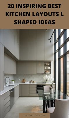 Modern L-shaped kitchen with sleek cabinets, large windows, and a glass dining table with white orchids. Greige Kitchen Cabinets, L Shape Kitchen Layout, Kitchen With Open Shelving, Greige Kitchen, Best Kitchen Layout, Corner Pantry, Cozy Breakfast Nook, Light Wood Floors, L Shaped Kitchen