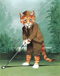 a painting of a cat in a suit playing golf