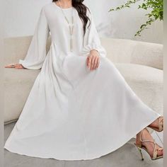 Najma Women’s Solid Color White Lantern Sleeve Long Elegant Arabic Dress With Round Neck, Under Abaya Inner Maxi Dress White Long Sleeve Plain Dress, White Flowy Modest Midi Dress, Modest Flowy White Maxi Dress, Modest Long Sleeve Beach Dress, Plain White Dresses For Daywear, Modest Long Plain Dresses, Modest White Maxi Dress For Beach, White Long Sleeve Modest Maxi Dress, Modest Long Sleeve White Midi Dress