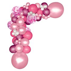 pink and white balloons are arranged in the shape of a letter p on a white background