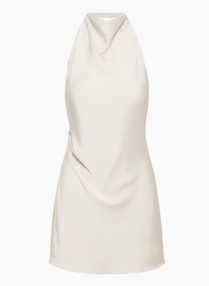 AUDIENCE SATIN MINI DRESS | Aritzia White Engagement Party Dress, White Graduation Dress College, Reception Party Dress, White Satin Mini Dress, White Dresses Graduation, Halterneck Mini Dress, Aritzia Dress, Glossier Look, Rehearsal Dinner Dresses