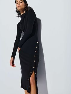 This one really has it all: figure-flattering ribbing, a draped shoulder detail, a classic mock neckline, and functional gold snaps to show as much (or as little) leg as you want. (This one comes in Jet Black.) | Leni Dress in Jet Black | Ethical Essentials Black Long Sleeve Midi Dress, Chic Black Dress, Nation Ltd, Perfect White Tee, Side Snap, Mother Denim, Mock Neckline, Best Jeans, Long Sleeve Midi